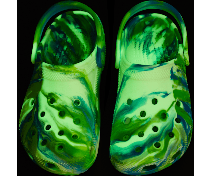 Prep Blue / Multi Kids' Classic Glow-in-the-Dark Marbled Clog - Custom Angle - Crocs