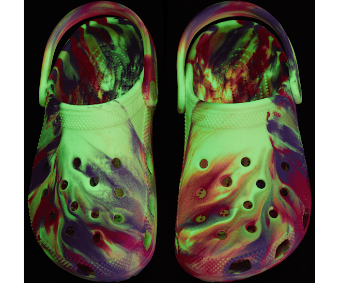 Pink Crush / Multi Kids' Classic Glow-in-the-Dark Marbled Clog - Custom Angle - Crocs