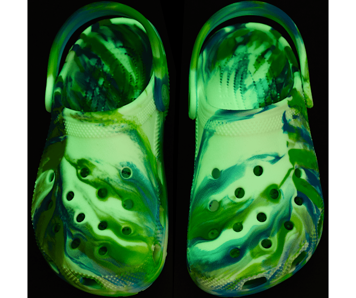 Prep Blue / Multi Toddler Classic Glow-in-the-Dark Marbled Clog - Custom Angle - Crocs
