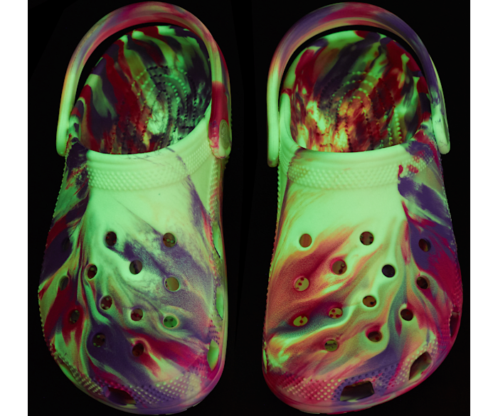 Pink Crush / Multi Toddler Classic Glow-in-the-Dark Marbled Clog - Custom Angle - Crocs