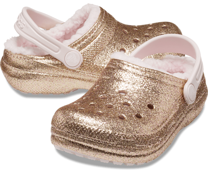 Gold glitter crocs clearance with pink fur