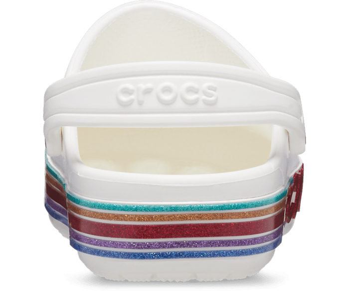 White crocs with store rainbow letters