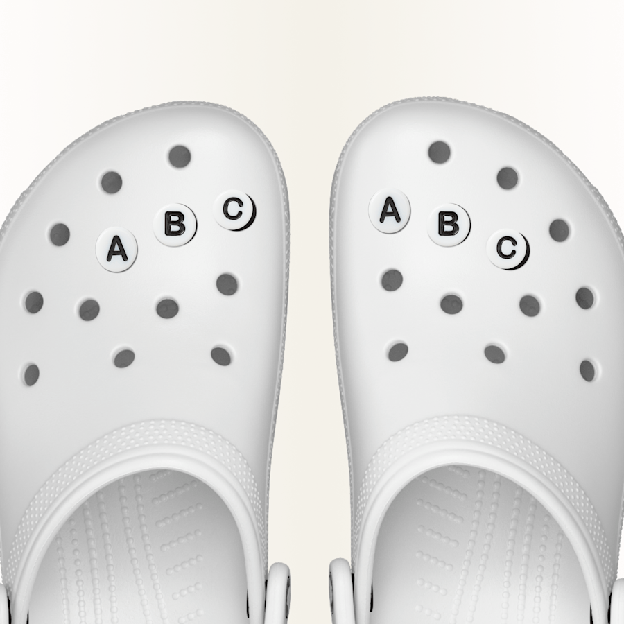 Friendship bead style charms, Letters A, B and C displayed on a classic clog.
