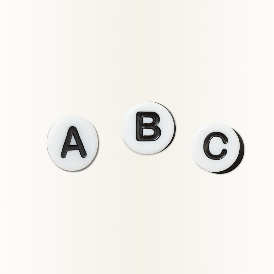 Friendship bead style jibbitz charms. Letters A, B, C.