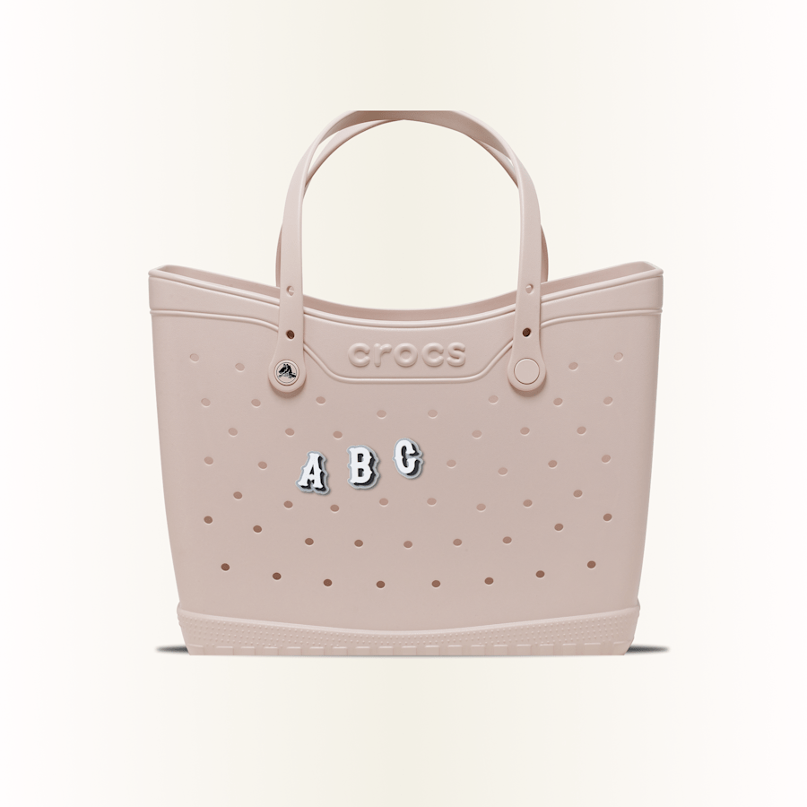 Varsity II style charms, Letters A, B and C displayed on a large tote bag.