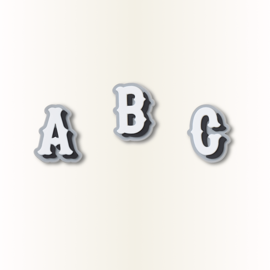 Varsity II style jibbitz charms. Letters A, B, C.
